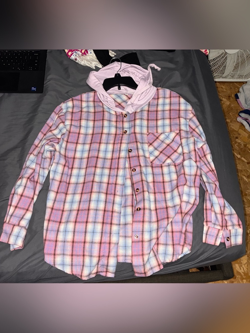 Women’s Pink Plaid Hooded Button-Up Shirt